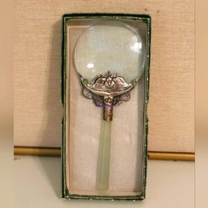 Asian Chinese 1920s Vintage MAGNIFYING GLASS Sterling Silver & Green Jade